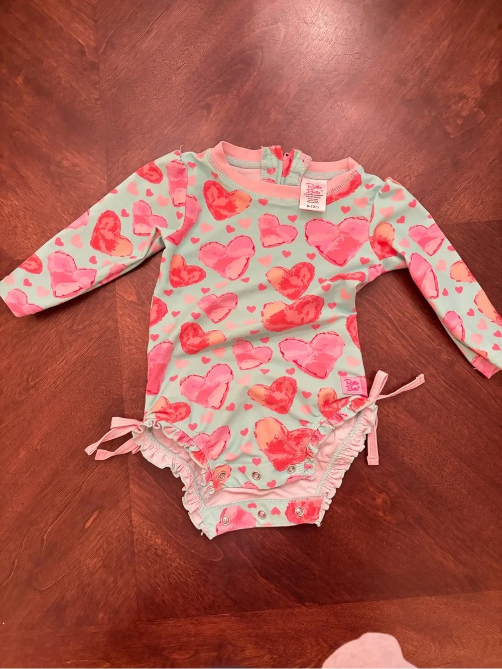 Baby Long-Sleeve Heart One-Piece Bodysuit - Pink Hearts on Mint